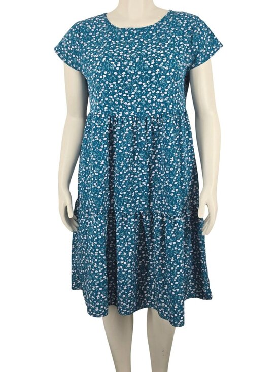 Dresses & Skirts - Women's Teal Blue Green Floral Dress Ruffled Layered XL Flowy Lightweight Cap Sl